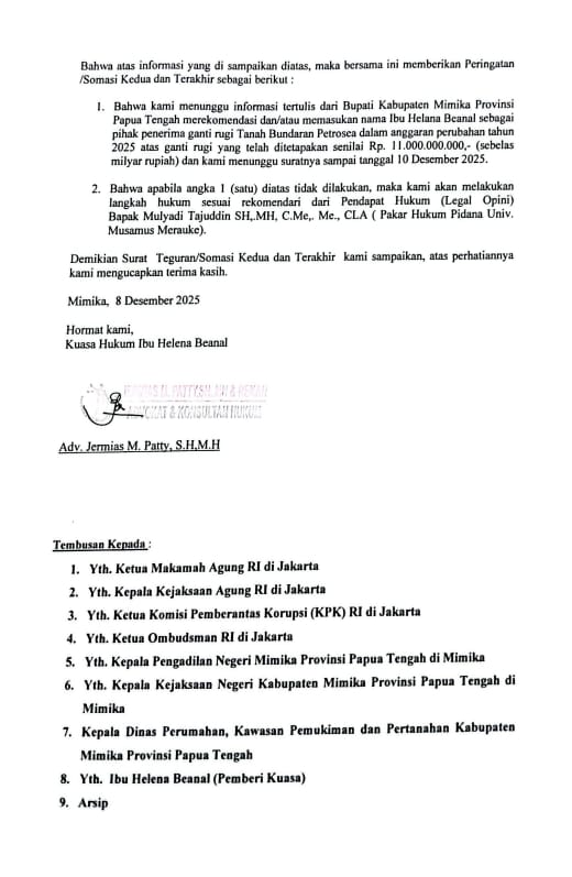 Ini bukti surat Somasi kedua Kuasa Hukum Helena Beanal