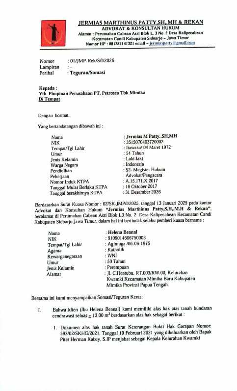 Kuasa Hukum Helena Beanal Soroti Hgb Pt Petrosea, Desak Bpn Teliti Ulang: Ada Cacat Administrasi Sejak Awal 3 Ini bukti surat teguran kuasa hukum helena beanal kepada pt. Petrosea tbk