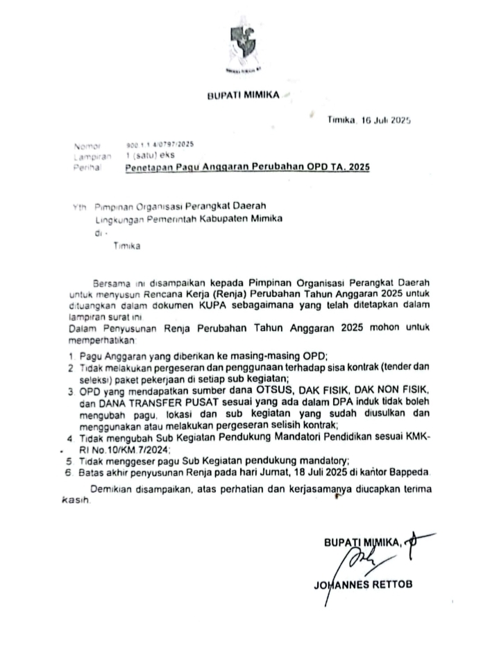 Ini bukti surat Bupati Mimika tertanggal 16 Juli 2025 ( dok - Tualnews.com)