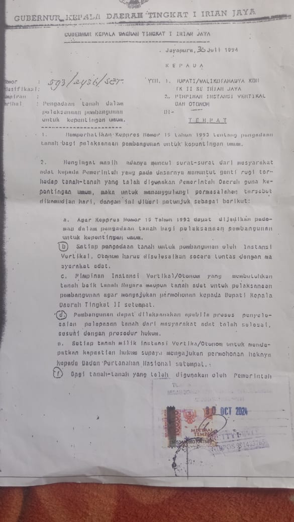Dokumen 1994 Soal Pengadaan Tanah Di Papua Disorot, Pembangunan Di Atas Tanah Adat Dipertanyakan ? 1 Ini bukti surat gubernur irian jaya ( dok - tualnews. Com)