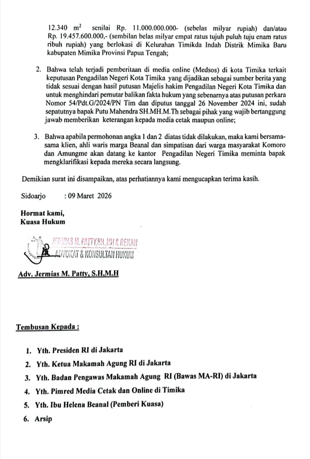 Ini bukti surat Kuasa Hukum Helena Beanal yang diterima Pengadilan Negeri Kota Timika