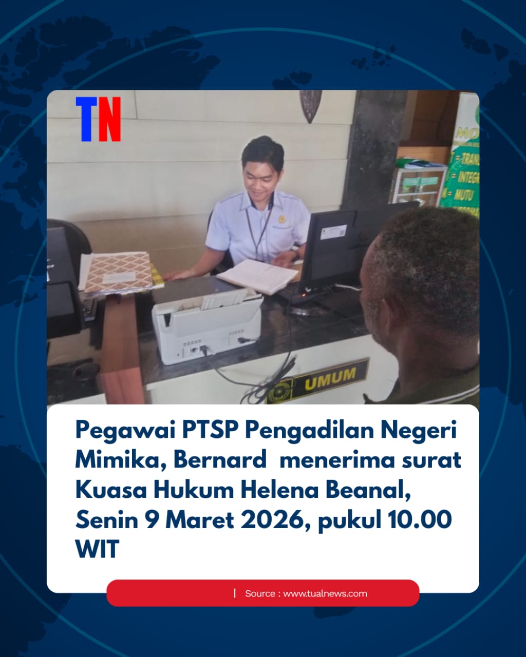 Surat masuk Kuasa Hukum Helena Beanal resmi diterima pegawai PTSP PN Mimika, Senin 9 Maret 2026, pukul 09.00 WIT