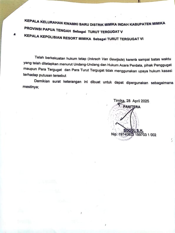 Ini bukti surat sakti keterangan inkracht di Pengadilan Negeri Kota Timika, ditandatangani Panitera PN Mimika, Buddi, S.H ( dok - Tualnews.com)
