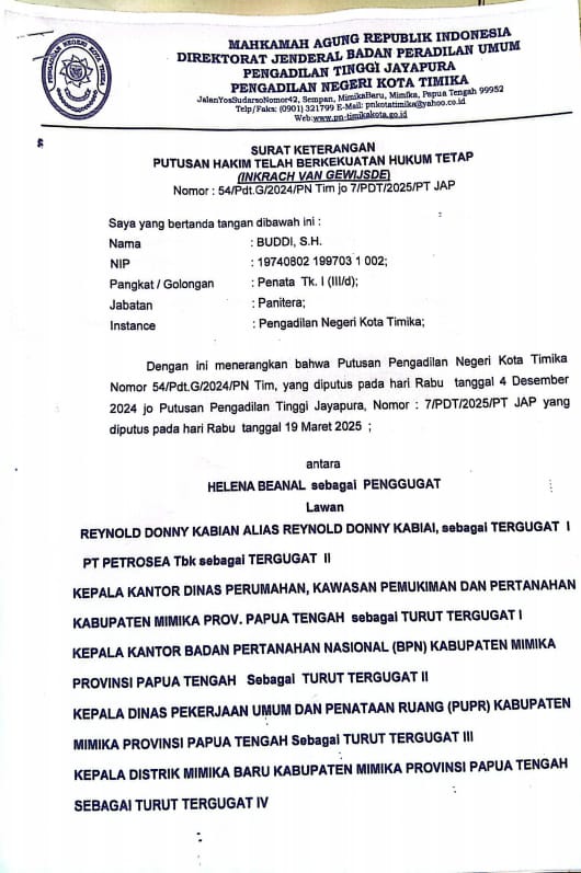 Ini bukti surat sakti keterangan inkracht di Pengadilan Negeri Kota Timika, ditandatangani Panitera PN Mimika, Buddi, S.H ( dok - Tualnews.com)