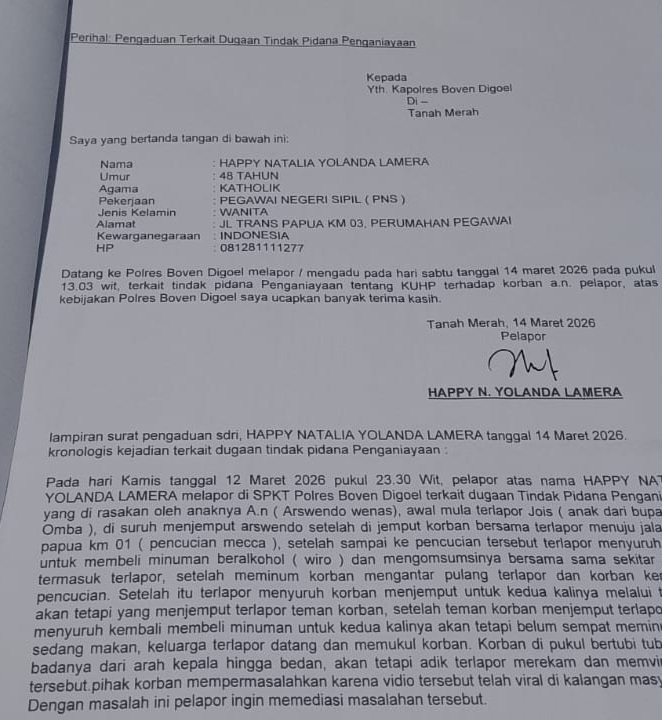 Ini bukti laporan pengaduan keluarga korban kepada Kapolres Boven Digoel. ( dok- Tualnews.com).