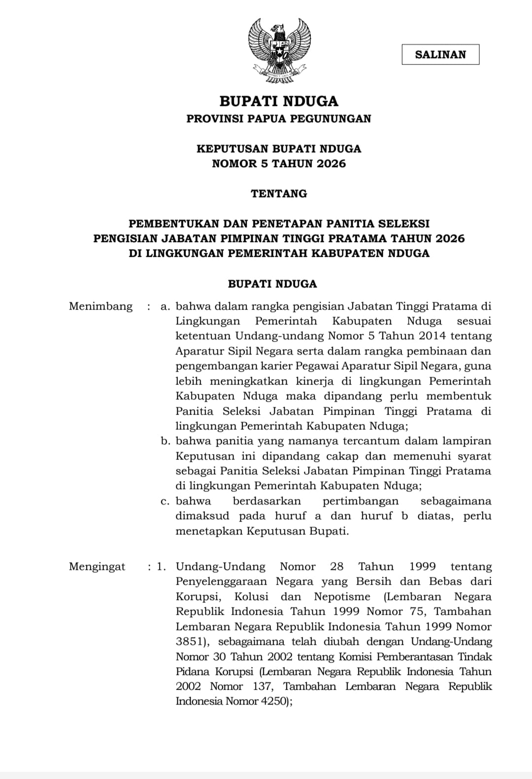 Ini bukti SK Pansel Sekda Kabupaten Nduga