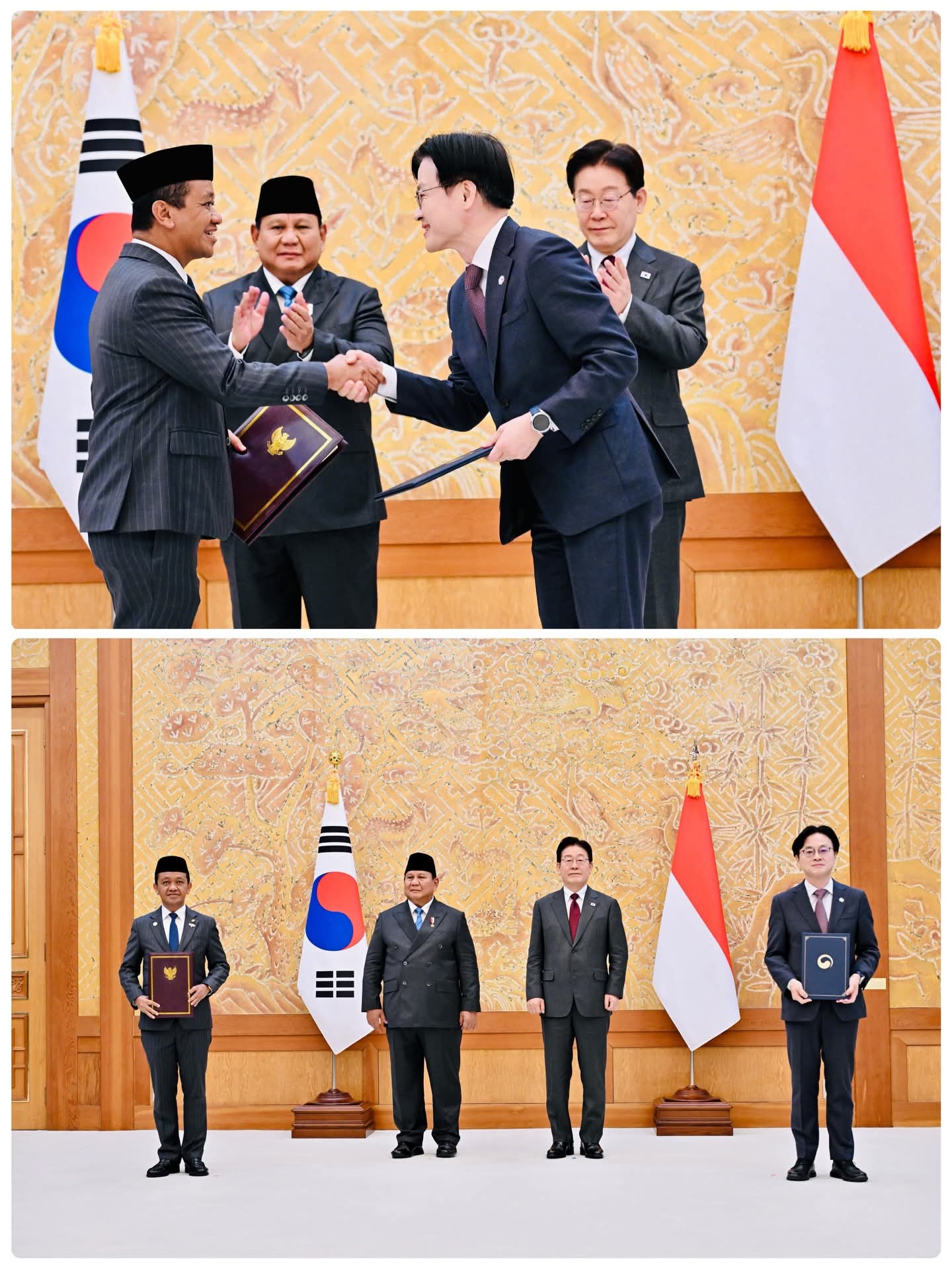 Presiden Prabowo Subianto menegaskan arah baru diplomasi ekonomi Indonesia dengan menyaksikan langsung pertukaran 10 nota kesepahaman (MoU) bersama Korea Selatan di Cheong Wa Dae, Rabu (1/4/2026). ( foto- Seskab)