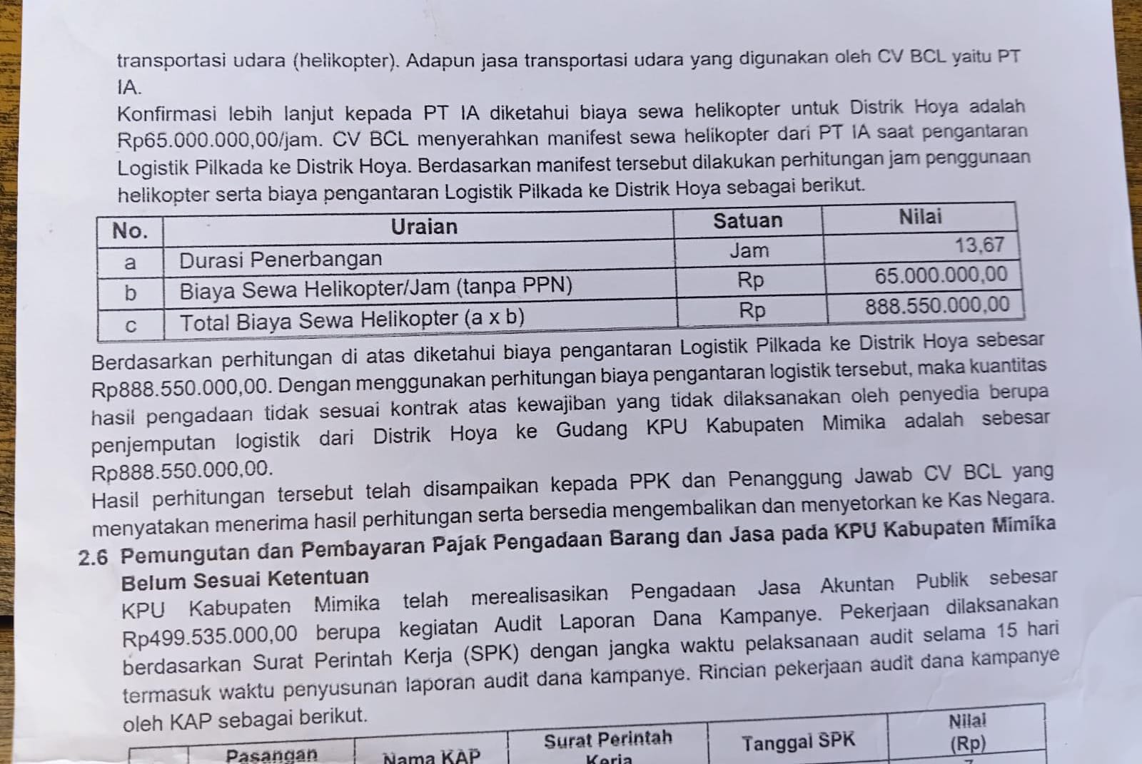 Ini bukti LHP BPK RI tahun 2024 KPU Kabupaten Mimika