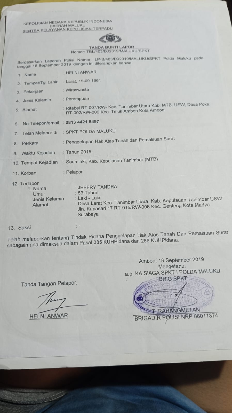 Ini bukti surat laporan polisi di Polda Maluku Tahun 2019 ( dok - Tualnews.com)