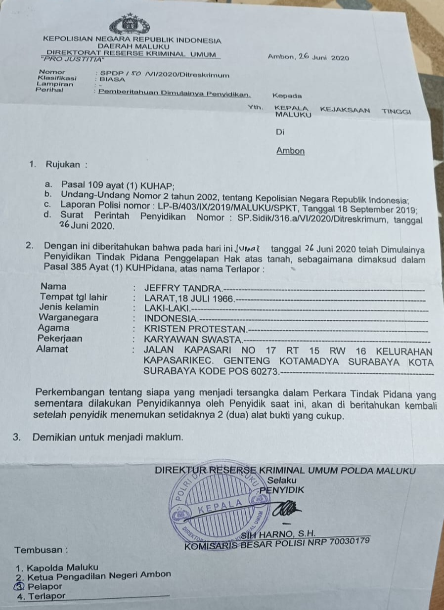 Ini bukti surat Polda Maluku ( dok - Tualnews.com)