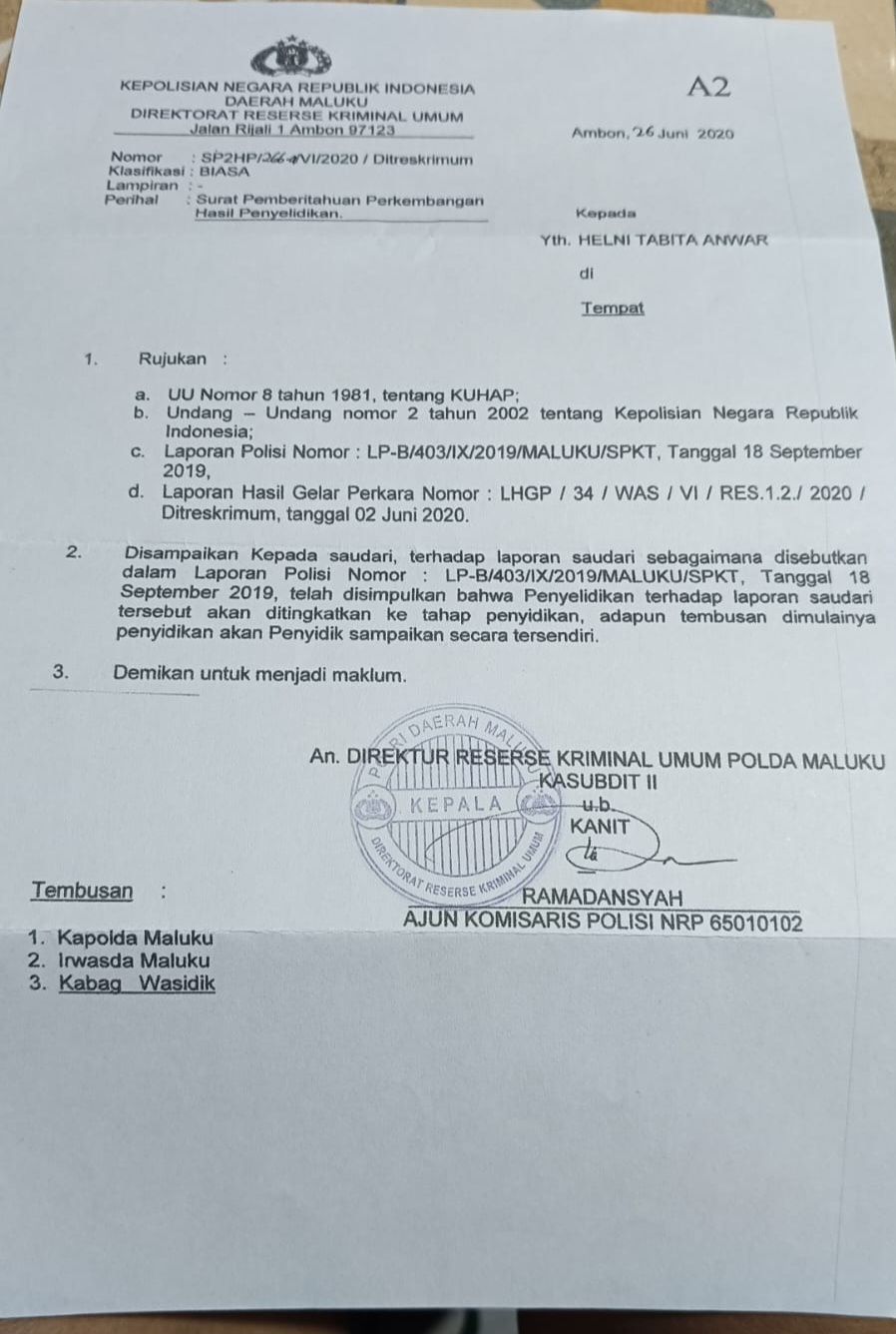 Ini bukti surat Polda Maluku ( dok - Tualnews.com)