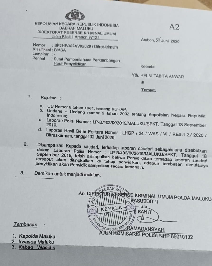 Ini bukti surat penyidikan Polda Maluku ( dok- Tualnews.com)