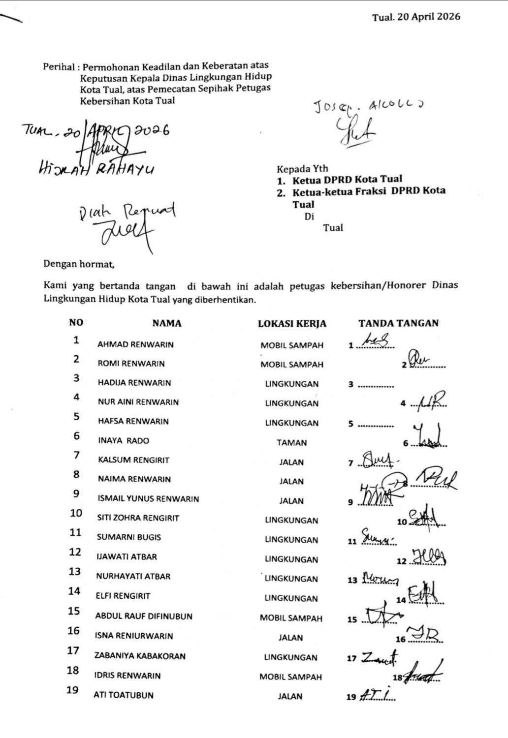 Ini bukti surat 27 petugas kebersihan kota Tual kepada DPRD. ( dok - Tualnews.com)