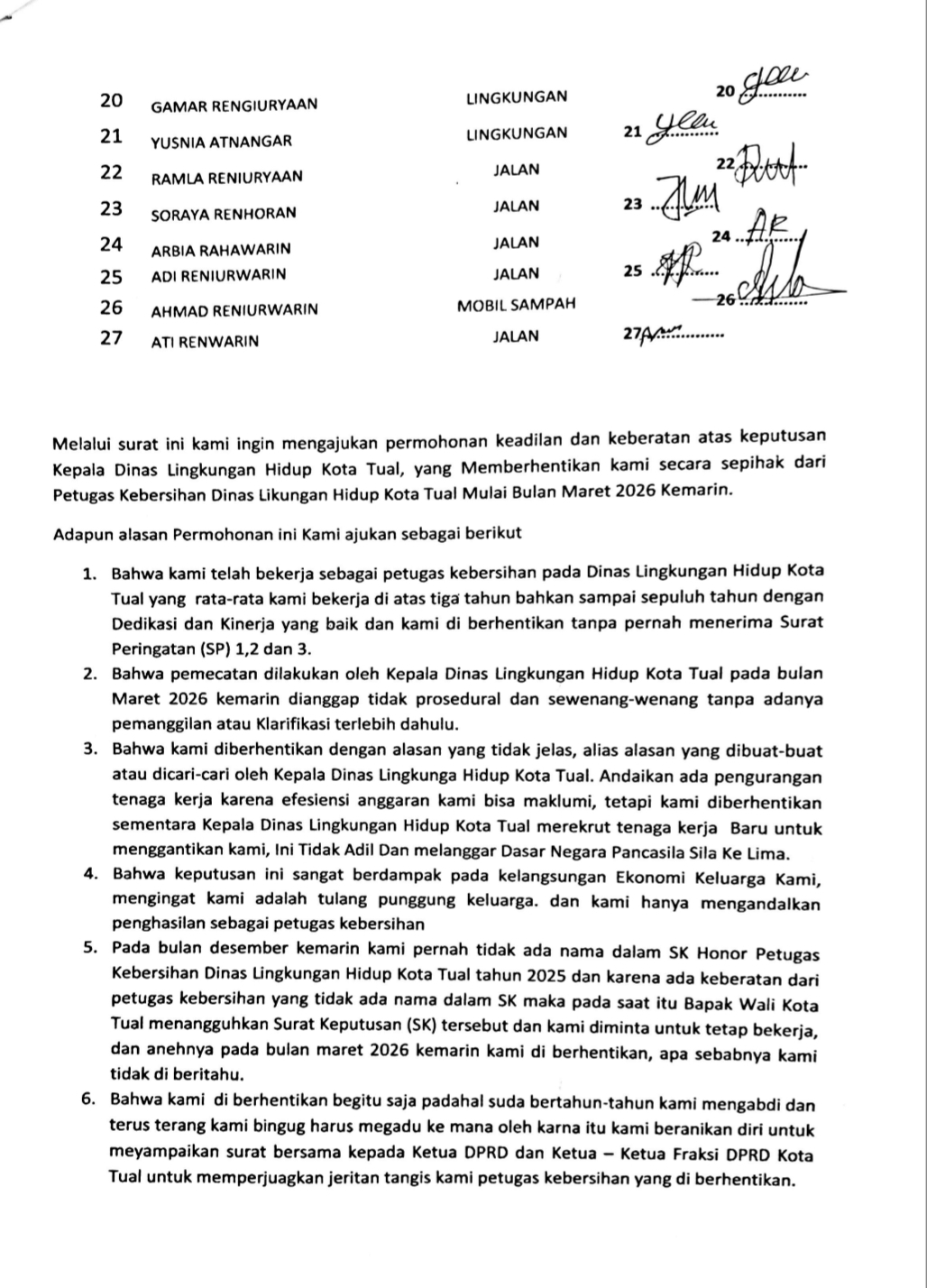 Ini bukti surat 27 petugas kebersihan kota Tual kepada DPRD. ( dok - Tualnews.com)
