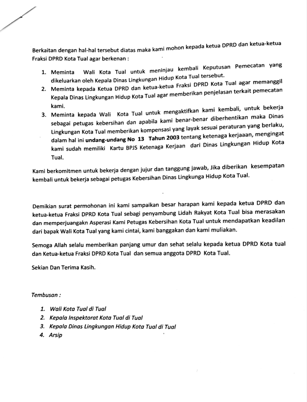 Ini bukti surat 27 petugas kebersihan kota Tual kepada DPRD. ( dok - Tualnews.com)