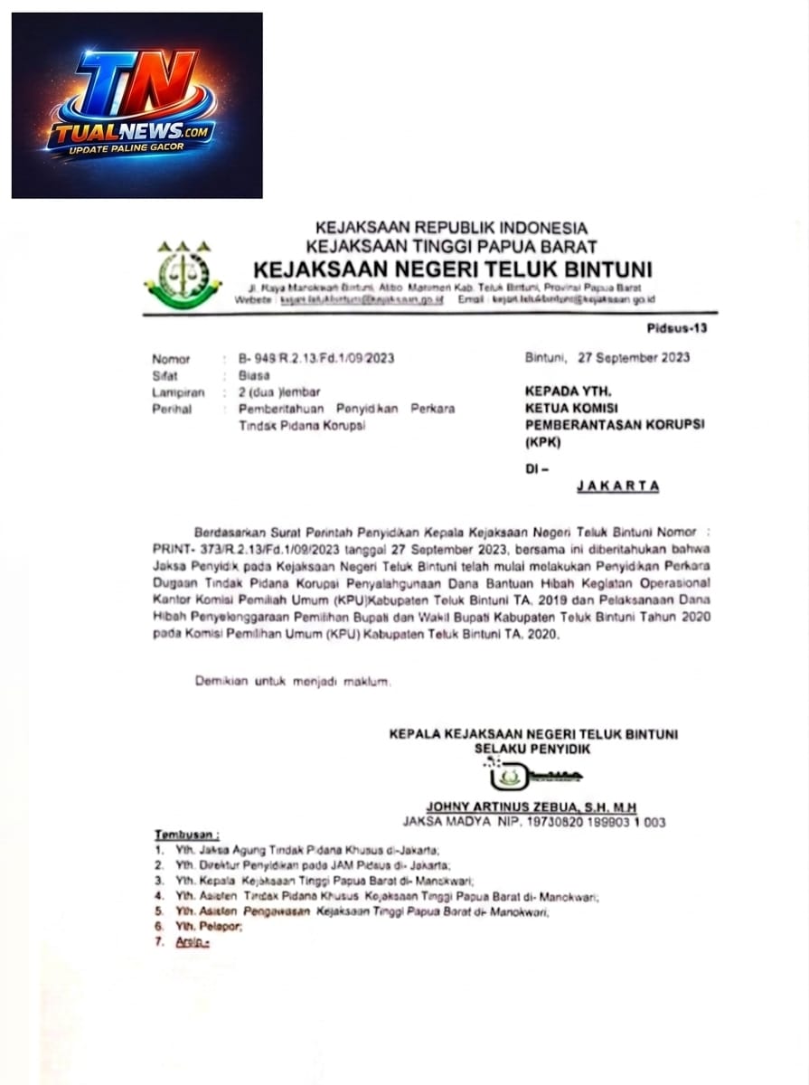 Ini bukti surat Kejaksaan Negeri Teluk Bintuni ( dok - Tualnews.com)