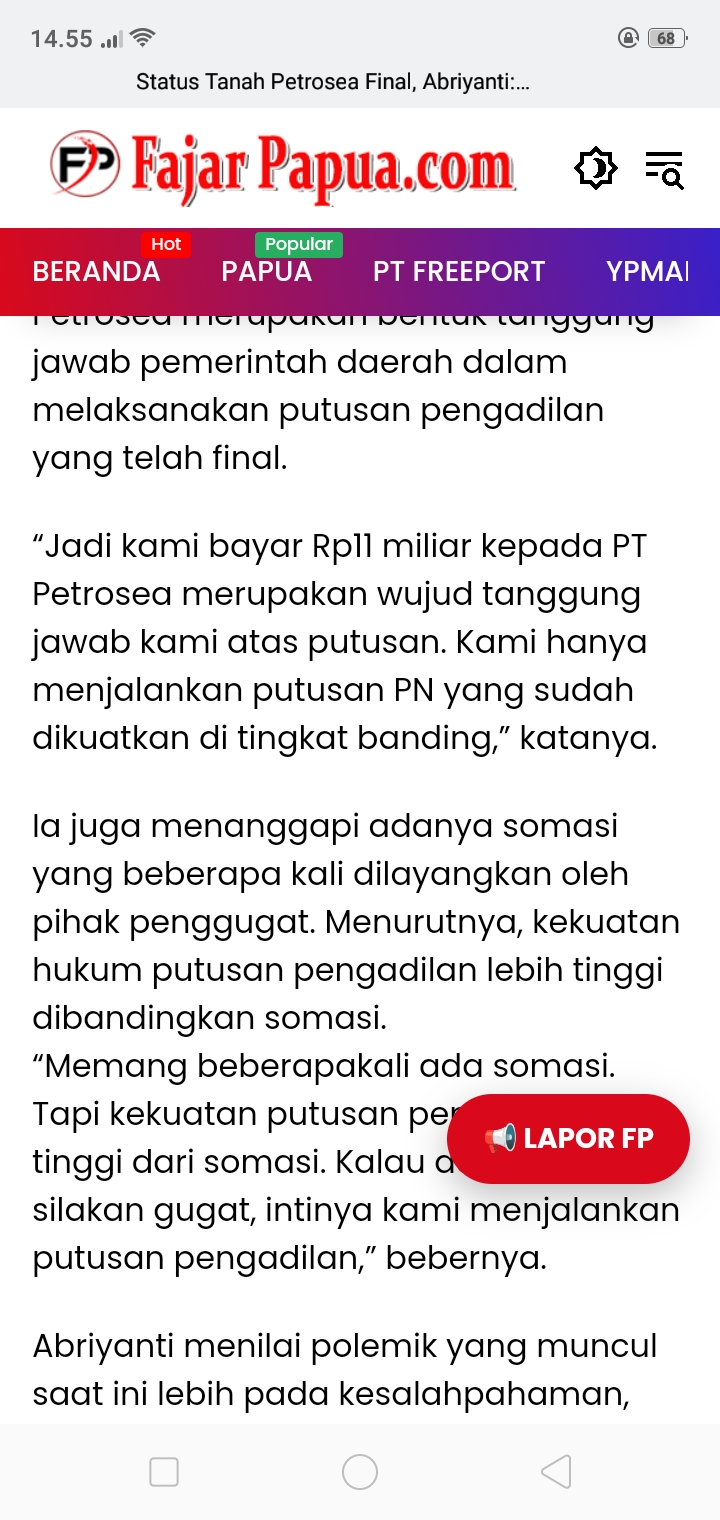 Ini bukti pernyataan Pemkab Mimika di media Fajar Papua ( dok - Tualnews.com)