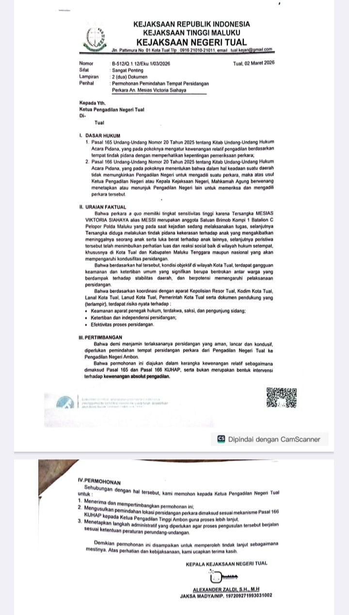 Ini bukti surat Kepala Kejaksaan Negeri Tual yang ditujukan kepada Ketua PN Tual. ( dok - Tualnews.com)