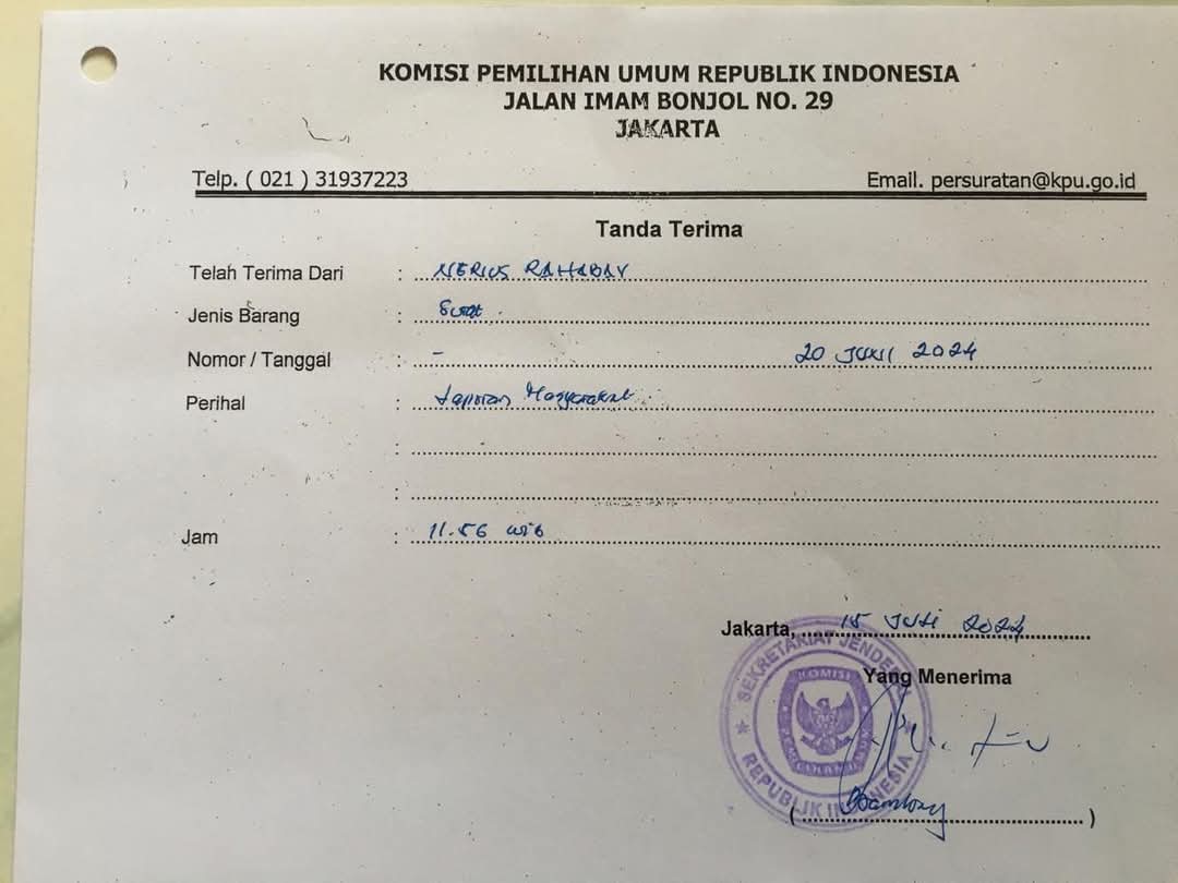 Ini bukti tanda terima laporan pengaduan masyarakat Provinsi Maluku di KPU RI tanggal 15 Juli 2024. ( dok- Tualnews.com)
