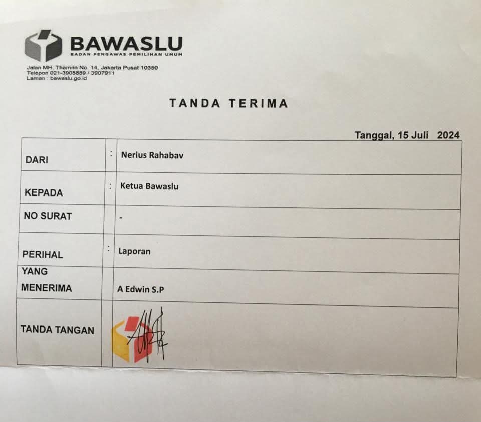 Ini bukti tanda terima laporan pengaduan masyarakat Provinsi Maluku di Bawaslu RI tanggal 15 Juli 2024. ( dok- Tualnews.com)
