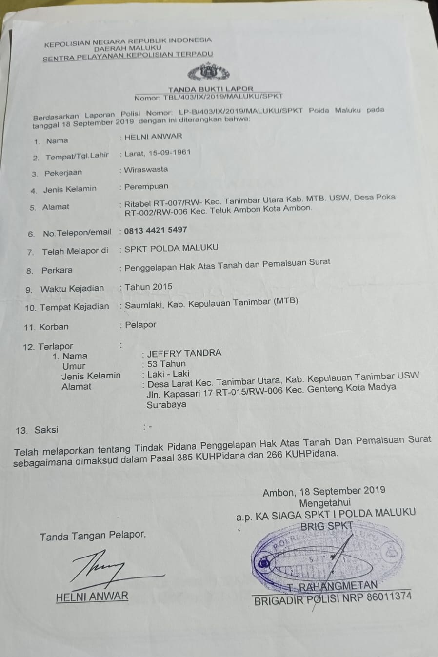 Ini bukti surat Polda Maluku ( dok- Tualnews.com)