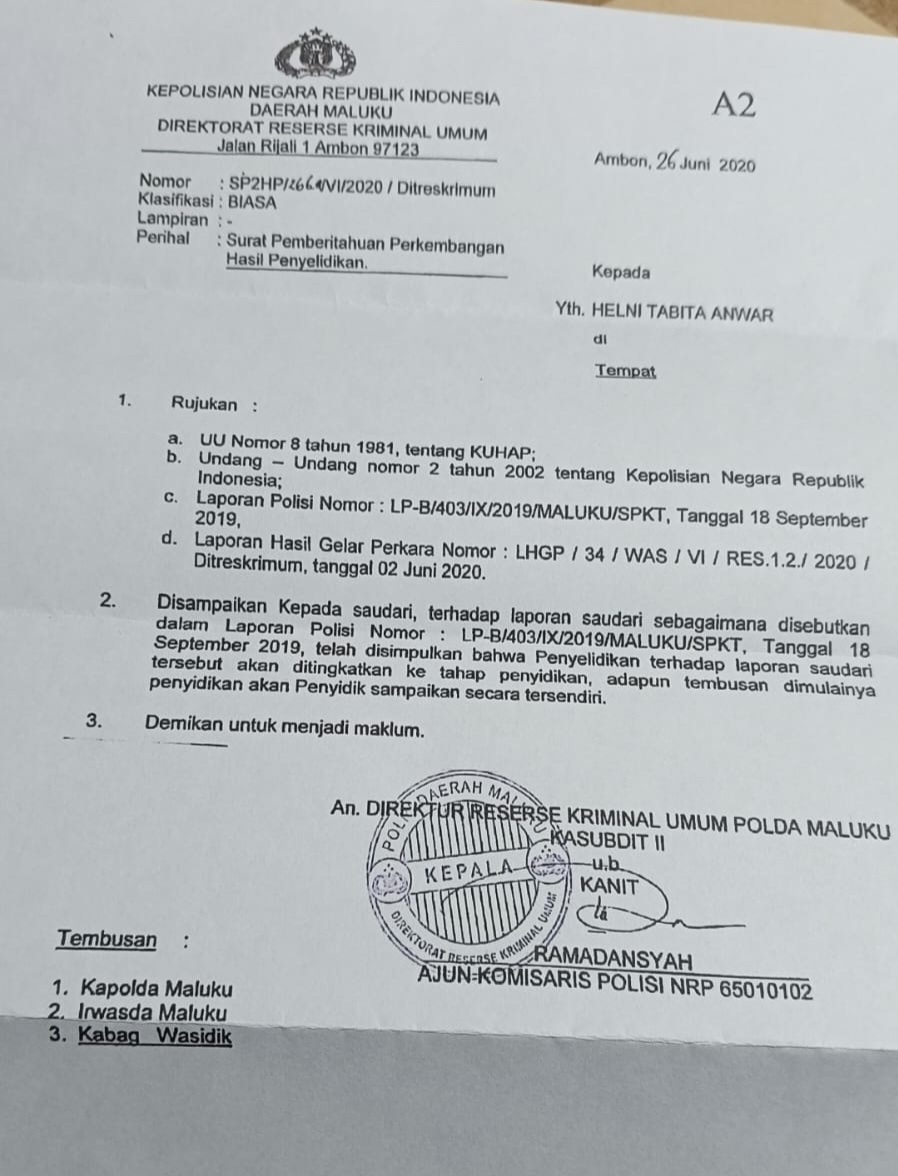 Ini bukti surat Polda Maluku ( dok- Tualnews.com)