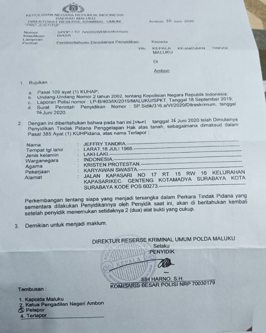 Ini bukti surat Polda Maluku ( dok- Tualnews.com)