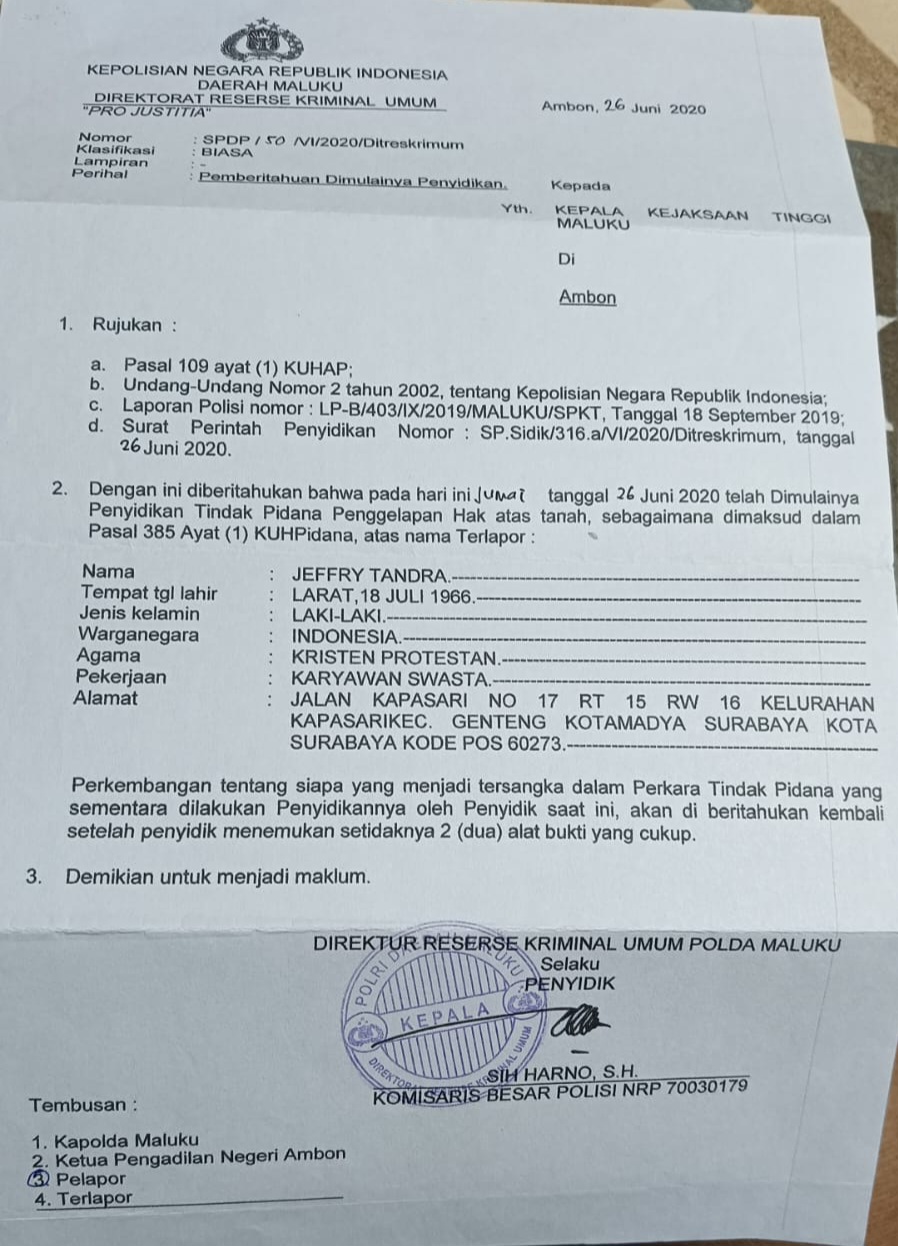 Ini bukti surat Polda Maluku ( dok- Tualnews.com)