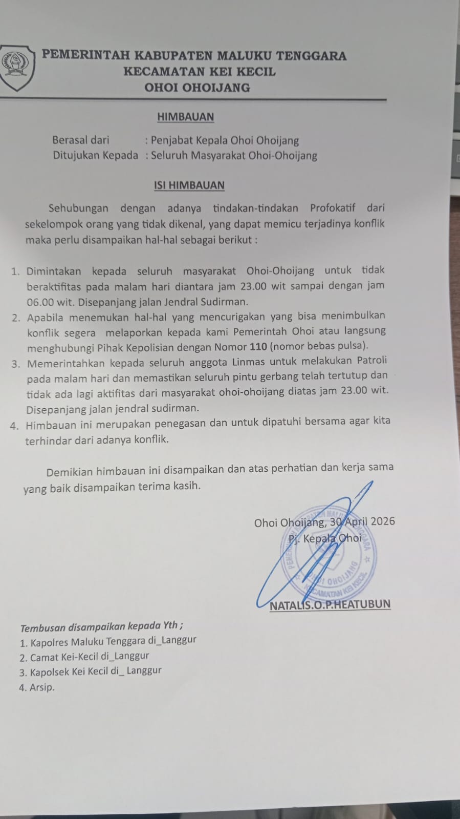 Ini bukti surat himbauan Penjabat Kepala Ohoi Ohoijang, Natalus O.P. Heatubun. ( dok- Tualnews.com)