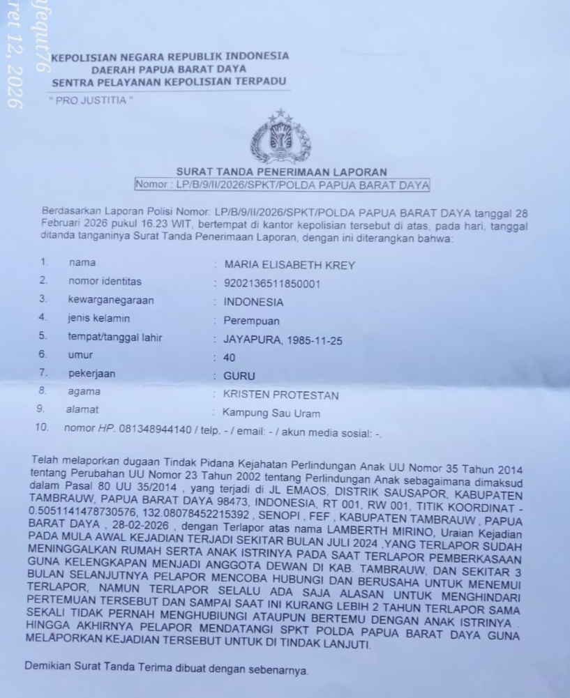Ini bukti laporan polisi Polda Papua Barat. ( dok - Tualnews.com)