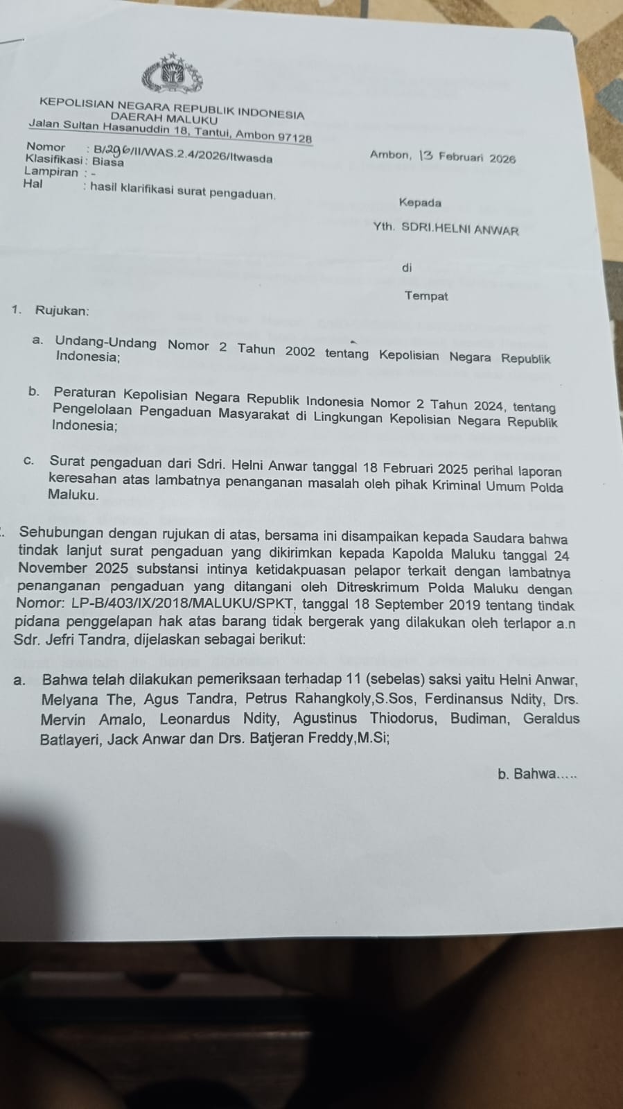 Ini bukti surat Irwasda Polda Maluku. ( dok - Tualnews.com)