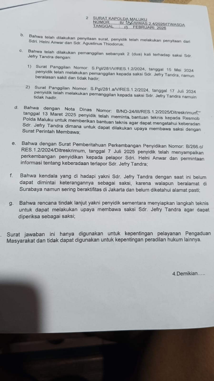 Ini bukti surat Irwasda Polda Maluku. ( dok - Tualnews.com)