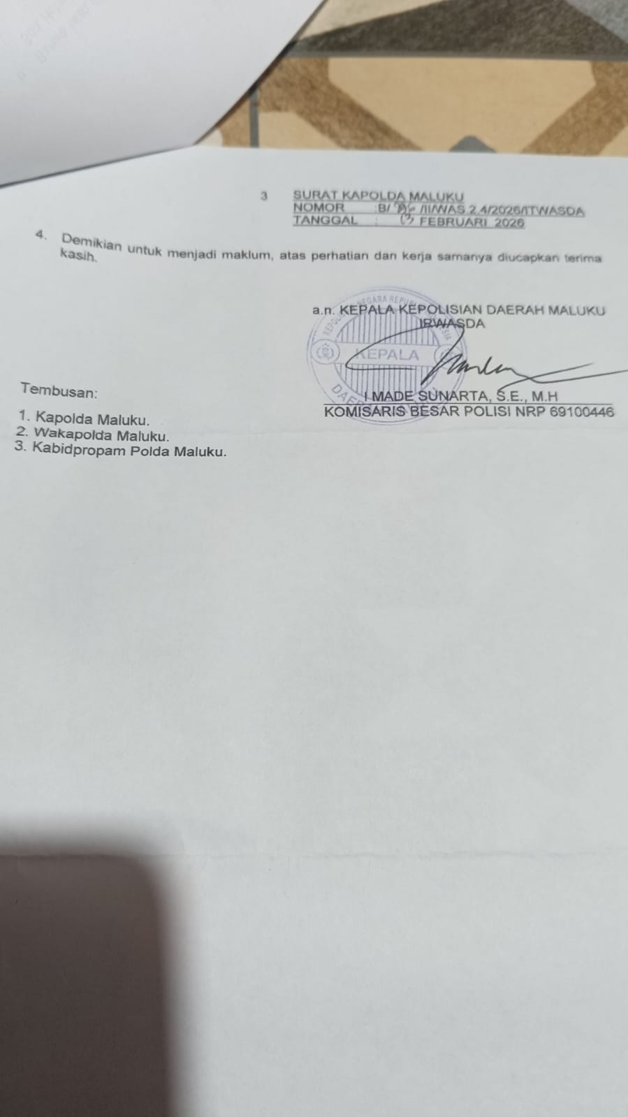 Ini bukti surat Irwasda Polda Maluku. ( dok - Tualnews.com)
