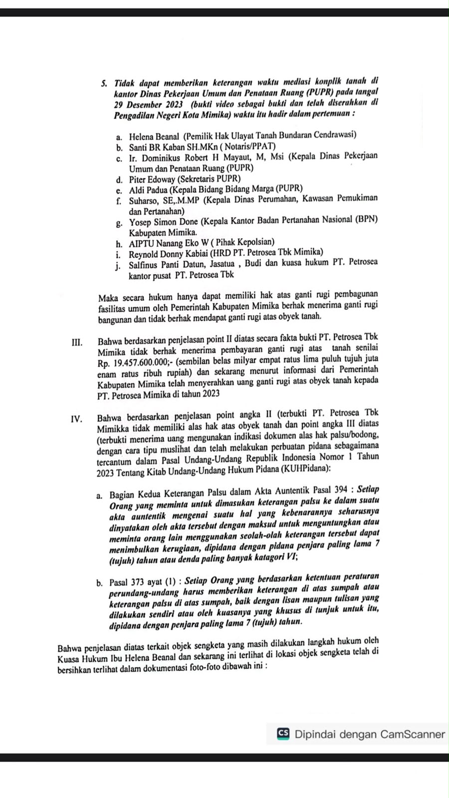Ini bukti surat Somasi yang dilayangkan Kuasa Hukum Helena Beanal, Advokat Jermias Marthinus Patty, S.H., M.H. dan rekan, tertanggal 7 Agustus 2026, dengan Nomor 09/JMP-Rek/VIII/2026.