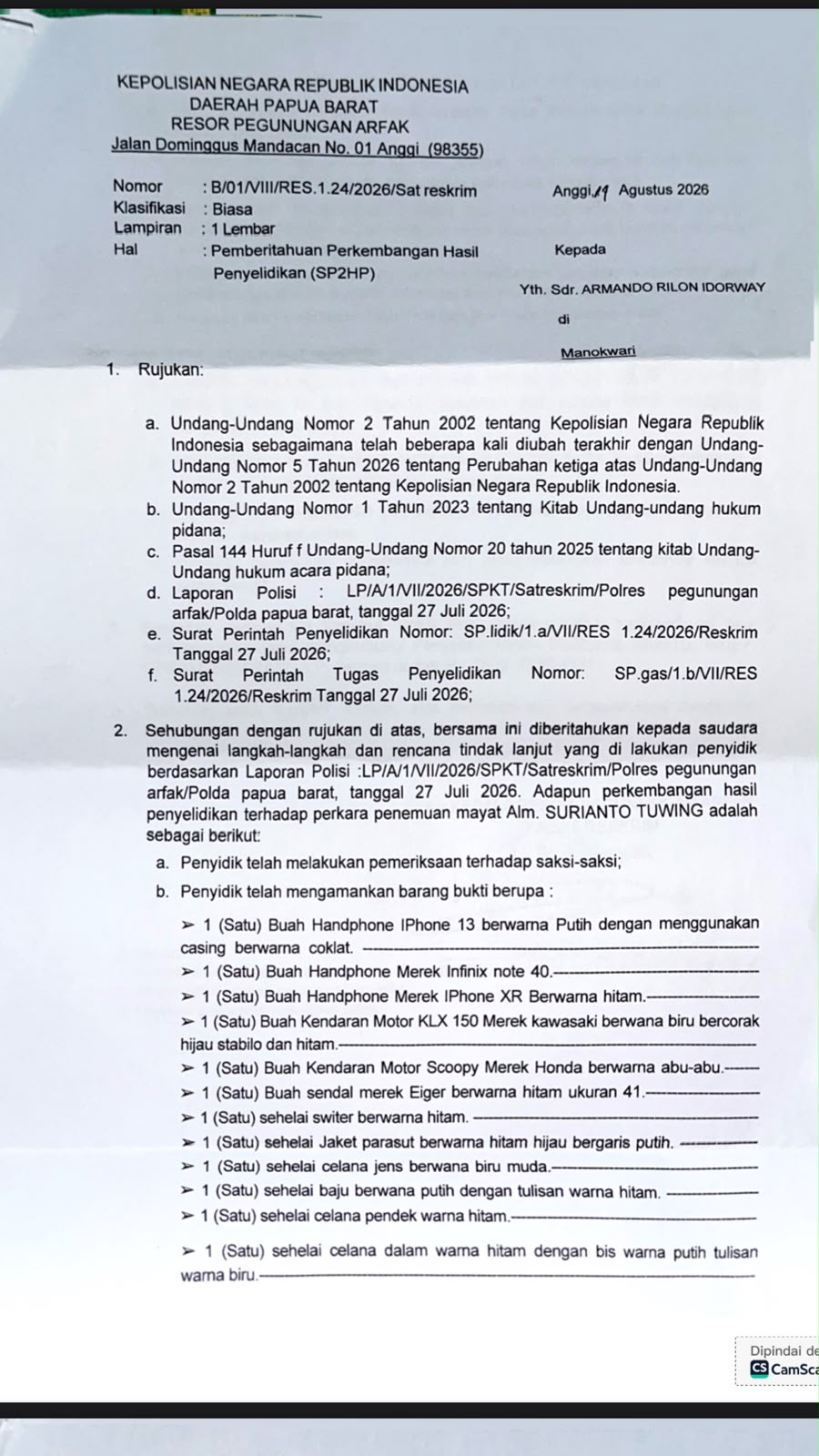 Ini bukti Surat Pemberitahuan Perkembangan Hasil Penyelidikan (SP2HP) Polres Pegunungan Arfak yang ditujukan kepada Armando Rilon Idorway, tanggal 14 Agustus 2026