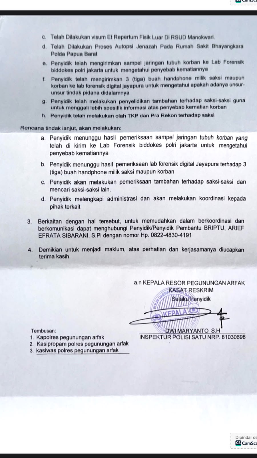 Ini bukti Surat Pemberitahuan Perkembangan Hasil Penyelidikan (SP2HP) Polres Pegunungan Arfak yang ditujukan kepada Armando Rilon Idorway, tanggal 14 Agustus 2026