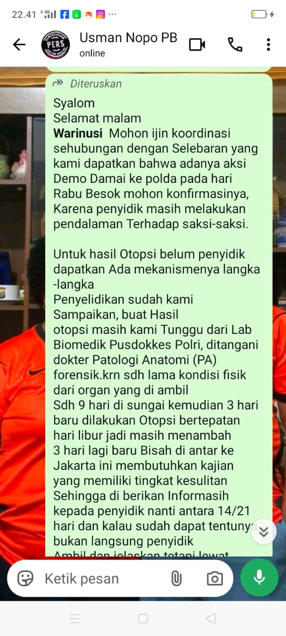 Ini bukti WhatsApp Kapolres Pegaf kepada Kuasa hukum korban Yanto Idorway yakni Advokat Yan Christian Warinussy, SH, Selasa ( 18 / 8 )